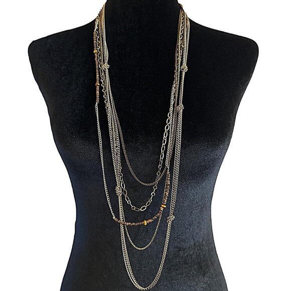 Multi Strand Necklace Gold Tone Beaded 31 Inch Length Boho Style - Picture 1 of 3